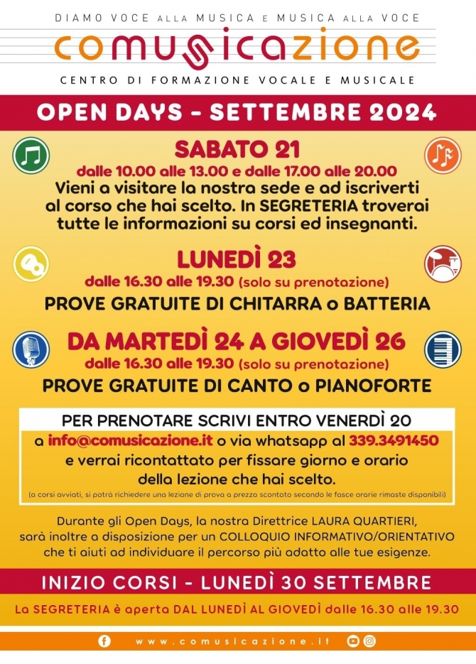 OPEN DAYS SETTEMBRE 2024!!! - Comusicazione - Scuola Musica